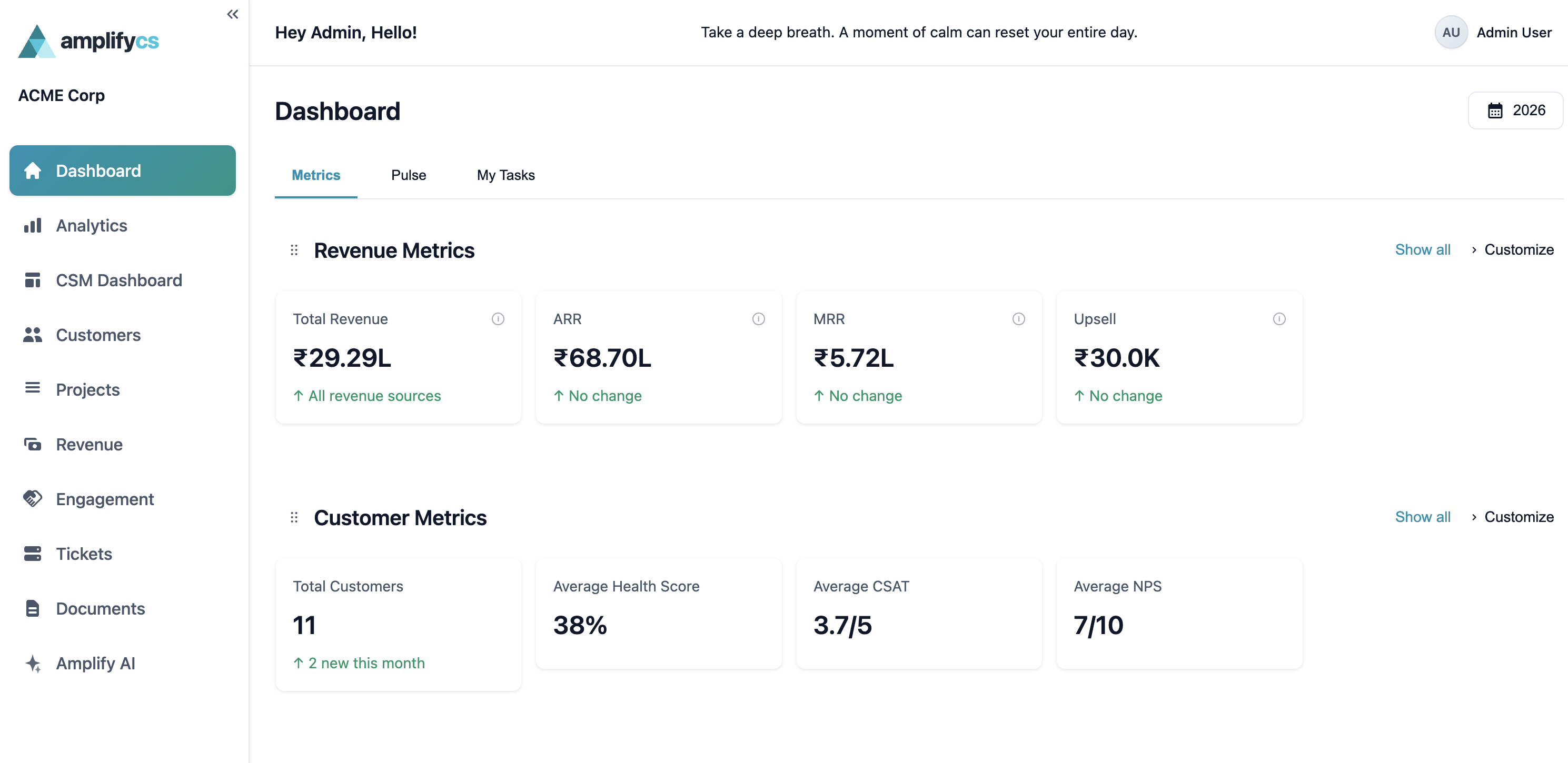 AmplifyCS Executive Visibility — real-time dashboard with revenue metrics, customer health distribution, and renewal forecasting