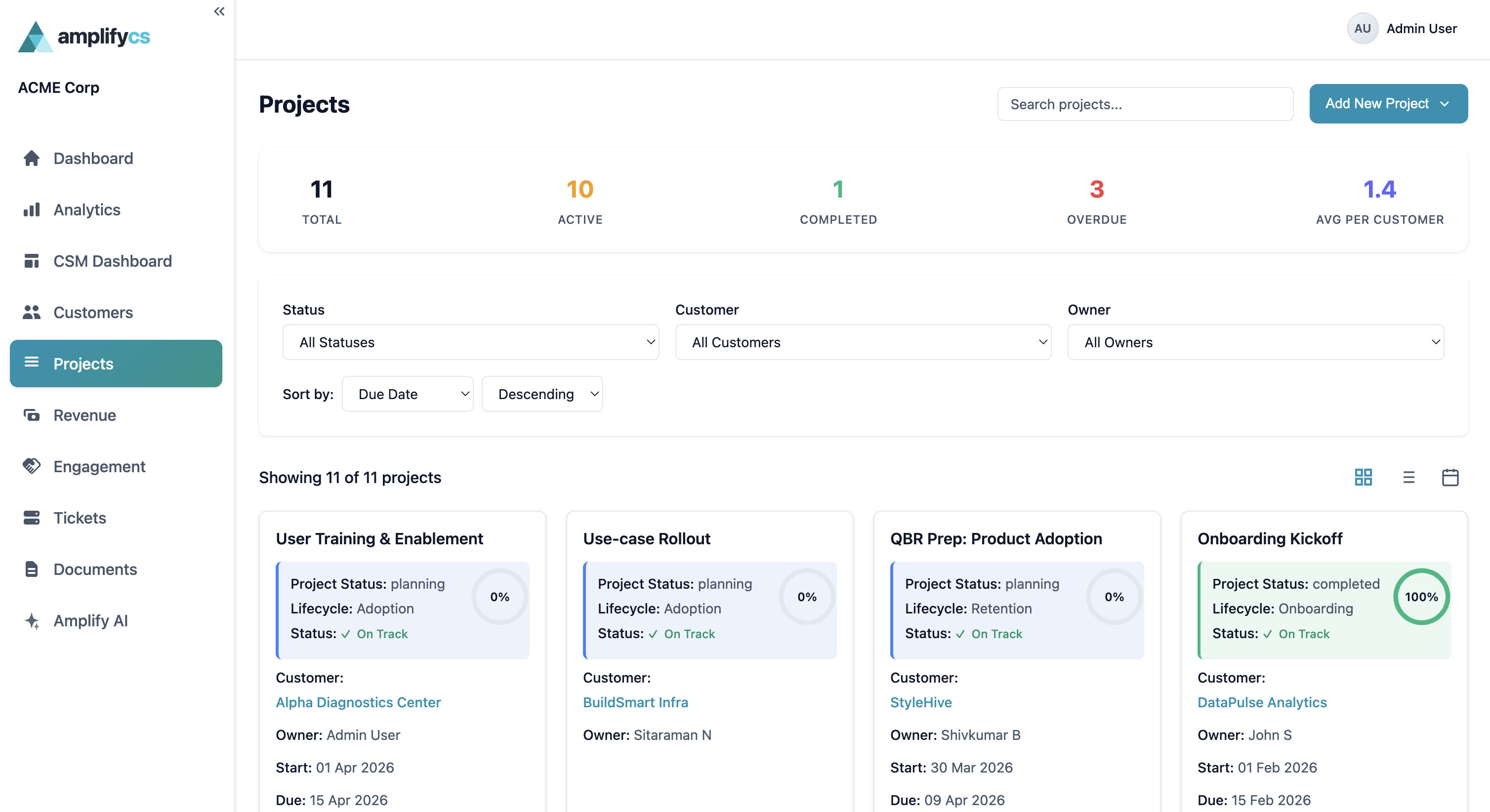 Project Management — Customer project tracking with lifecycle stages and progress monitoring